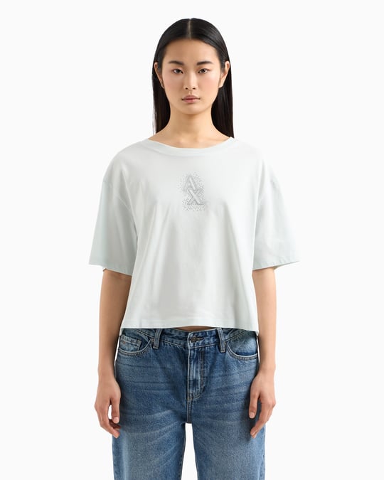 ARMANI EXCHANGE Armani Exchange Kadın Normal Kalıp Yapay Elmas İşlemeli %100 Pamuklu Crop Ekru T-Shirt XW000102 AF10359-U9093
