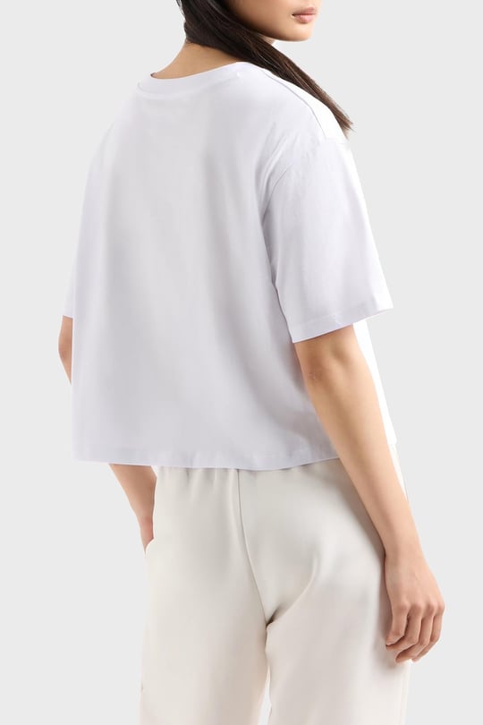 ARMANI EXCHANGE Armani Exchange Kadın Normal Kalıp Yapay Elmas İşlemeli %100 Pamuklu Crop Beyaz T-Shirt XW000102 AF10359-U0002