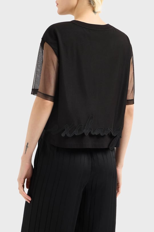 ARMANI EXCHANGE Armani Exchange Kadın Pamuklu Yuvarlak Yakalı Kolları Transparan Crop Siyah T-Shirt XW000541 AF10359-UC001