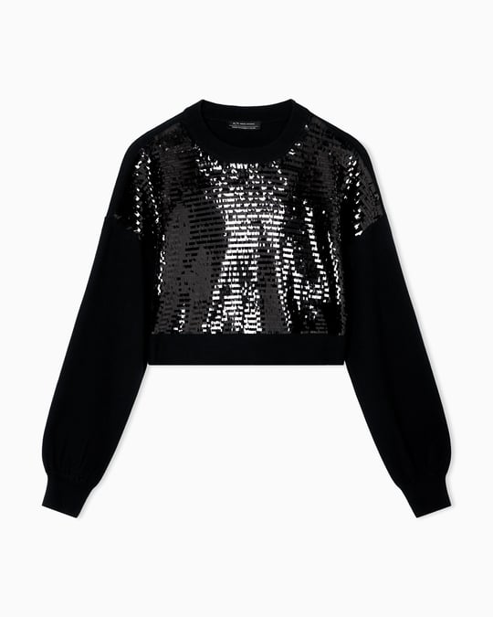 Armani Exchange Armani Exchange Kadın Normal Kalıp Önü Pul Payet Desenli Yuvarlak Yaka Uzun Kollu Siyah Kazak XW001326 AF16682-MC117