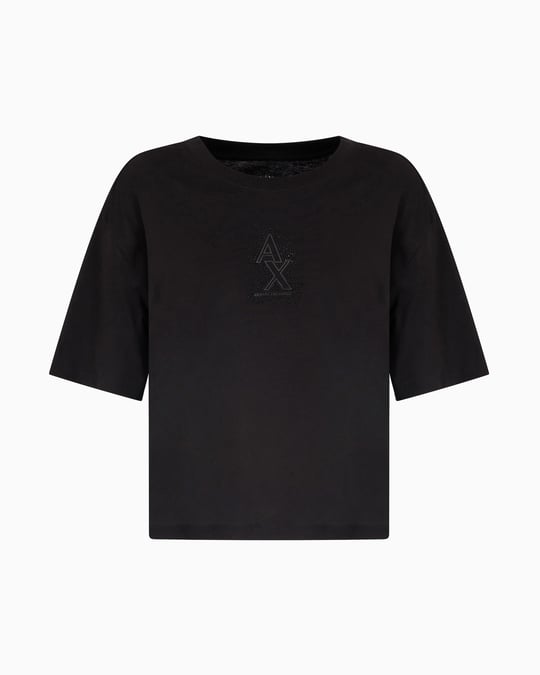 ARMANI EXCHANGE Armani Exchange Kadın Normal Kalıp Yapay Elmas İşlemeli %100 Pamuklu Crop Siyah T-Shirt XW000102 AF10359-UC001
