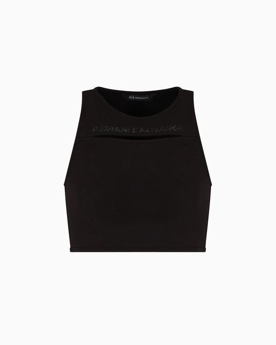 ARMANI EXCHANGE Armani Exchange Kadın Regular Fit Yuvarlak Yaka Taş Desenli Kesik Detaylı Kolsuz Crop Siyah T-Shirt XW000368 AF12826-UC001