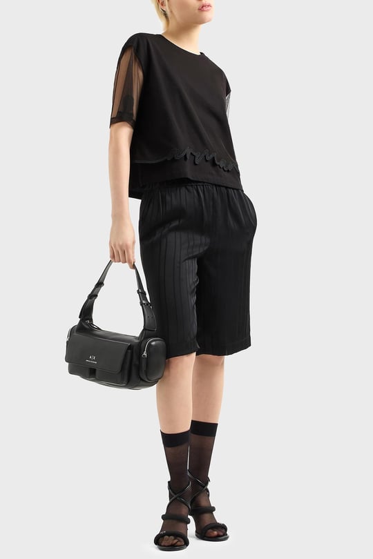 ARMANI EXCHANGE Armani Exchange Kadın Pamuklu Yuvarlak Yakalı Kolları Transparan Crop Siyah T-Shirt XW000541 AF10359-UC001