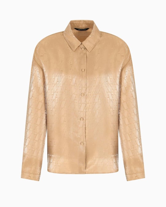 ARMANI EXCHANGE Armani Exchange Kadın Uzun Kollu Düğme Kapamalı Parlak Kumaş AX Yazı Desenli Bej Gömlek XW000567 AF12055-F1018