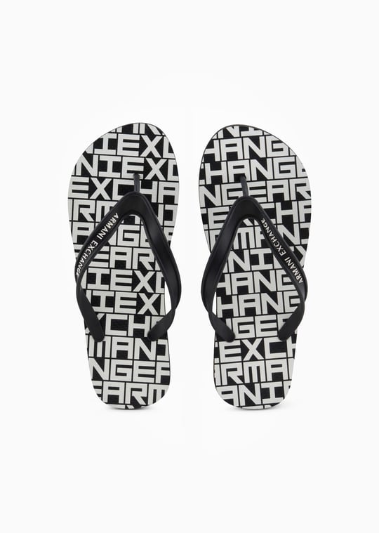 ARMANI EXCHANGE Armani Exchange Unısex Düz ve Rahat Taban Marka Logo Dokulu Parmak Arası Siyah-Beyaz Terlik XUQ002 XV676-N814