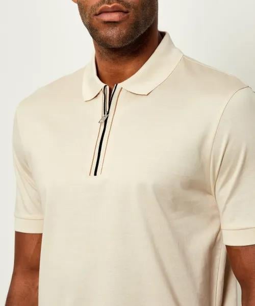 BOSS  BOSS Erkek %100 Merserize Pamuklu Normal Kalıp Kısa Kollu Yarım Fermuarlı Ekru Polo Yaka T-Shirt 50543880-131