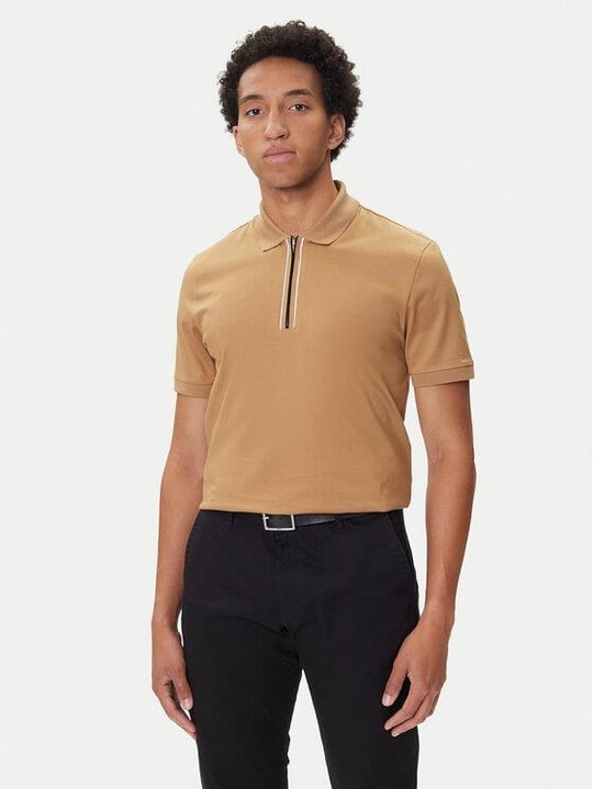 BOSS  BOSS Erkek %100 Merserize Pamuklu Normal Kalıp Kısa Kollu Yarım Fermuarlı Bej Polo Yaka T-Shirt 50543880-260