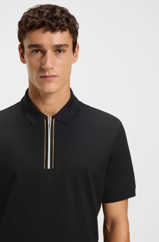 BOSS  BOSS Erkek %100 Merserize Pamuklu Normal Kalıp Kısa Kollu Yarım Fermuarlı Siyah Polo Yaka T-Shirt 50543880-001