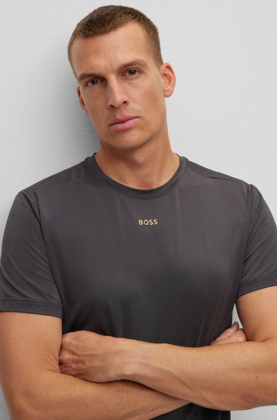 BOSS BOSS Erkek Bisiklet Yaka Logolu Düz Koyu Gri Gri T-Shirt 50494735-027