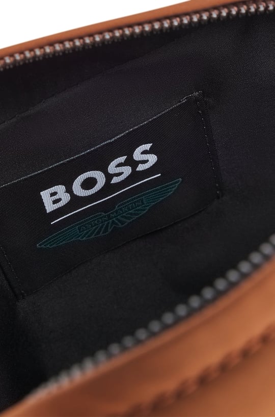 BOSS  BOSS Erkek Metalik Özel Logo Detaylı Fermuarlı Çapraz Askılı Deri Kahverengi Omuz Çantası 50569541-214