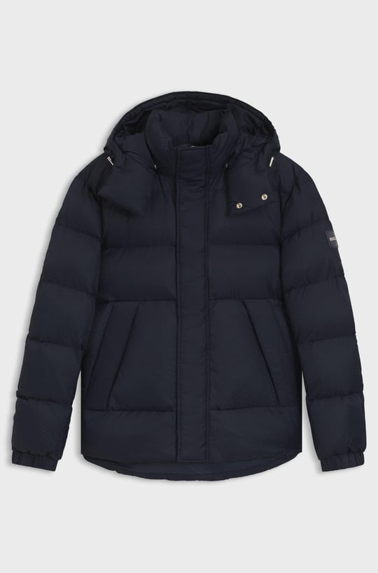 BOSS  BOSS Erkek Monogram Jakarlı Logo Desenli Su Geçirmez Kapüşonlu Lacivert Mont 50548727-404