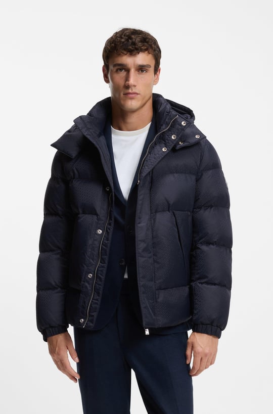BOSS  BOSS Erkek Monogram Jakarlı Logo Desenli Su Geçirmez Kapüşonlu Lacivert Mont 50548727-404