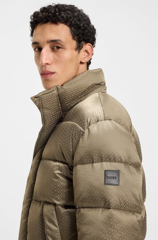 BOSS  BOSS Erkek Monogram Jakarlı Logo Desenli Su Geçirmez Kapüşonlu Kahverengi Mont 50548727-245