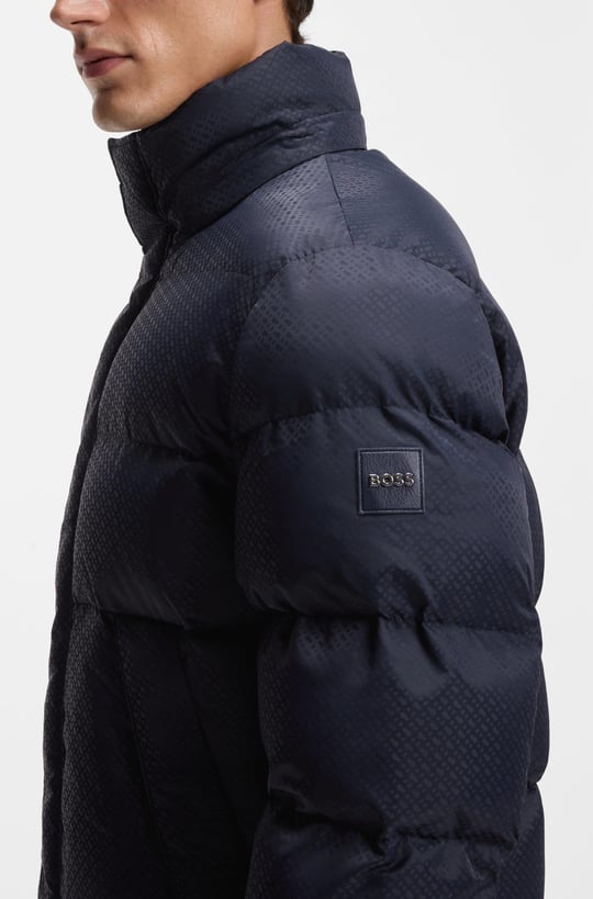 BOSS  BOSS Erkek Monogram Jakarlı Logo Desenli Su Geçirmez Kapüşonlu Lacivert Mont 50548727-404