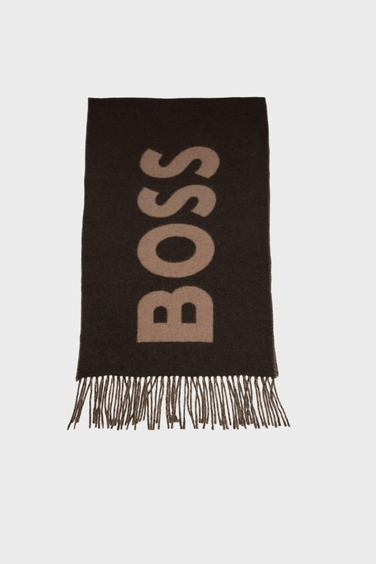 BOSS  BOSS Erkek Monogram Logo Desenli Kontrast Püsküllü Kahverengi Şal & Eşarp & Fular 50527099-346