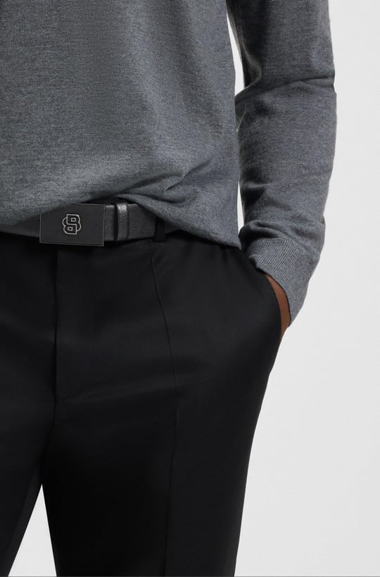 BOSS BOSS Erkek Monogram Logo Tokalı Çift Taraflı Deri Siyah Kemer 50548350-001