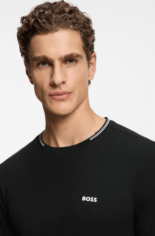 BOSS  BOSS Erkek Normal Kalıp Çizgili Bisiklet Yakalı Esnek Pamuklu Kısa Kollu Siyah T-Shirt 50521245-001