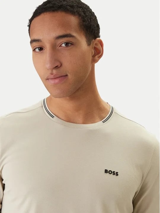 BOSS  BOSS Erkek Normal Kalıp Çizgili Bisiklet Yakalı Esnek Pamuklu Kısa Kollu Bej T-Shirt 50521245-275
