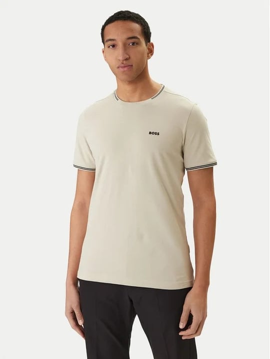 BOSS  BOSS Erkek Normal Kalıp Çizgili Bisiklet Yakalı Esnek Pamuklu Kısa Kollu Bej T-Shirt 50521245-275