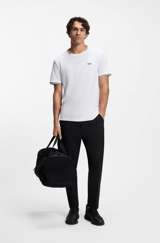 BOSS  BOSS Erkek Normal Kalıp Çizgili Bisiklet Yakalı Esnek Pamuklu Kısa Kollu Beyaz T-Shirt 50521245-100