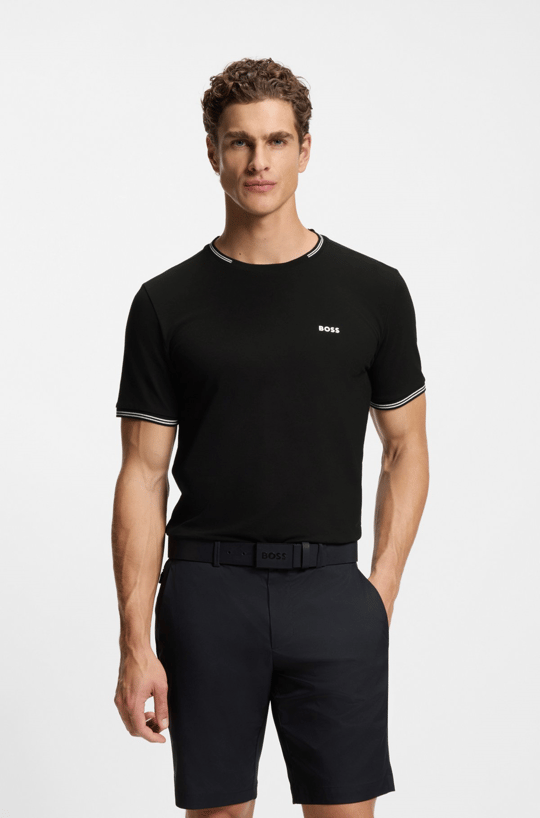 BOSS  BOSS Erkek Normal Kalıp Çizgili Bisiklet Yakalı Esnek Pamuklu Kısa Kollu Siyah T-Shirt 50521245-001