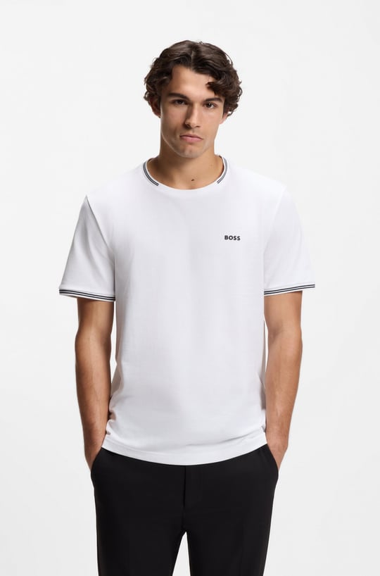 BOSS  BOSS Erkek Normal Kalıp Çizgili Bisiklet Yakalı Esnek Pamuklu Kısa Kollu Beyaz T-Shirt 50521245-100