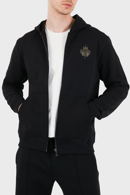 BOSS  BOSS Erkek Normal Kalıp Fermuarlı Kapüşonlu Uzun Kollu Siyah T-Shirt 50556427-001