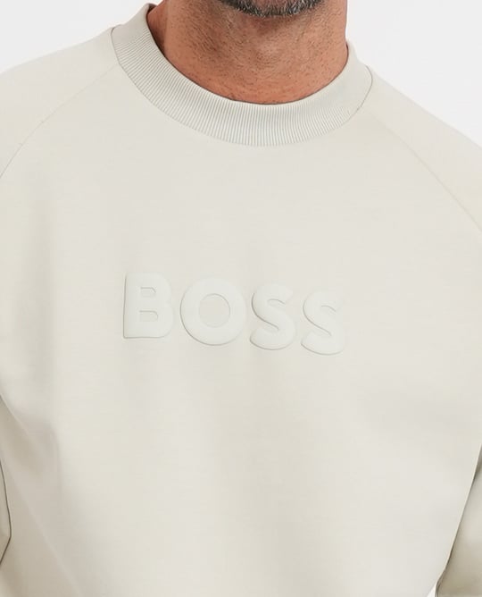 BOSS  BOSS Erkek Normal Kalıp Logo Baskılı Pamuklu Uzun Kollu Açık Bej T-Shirt 50565307-272