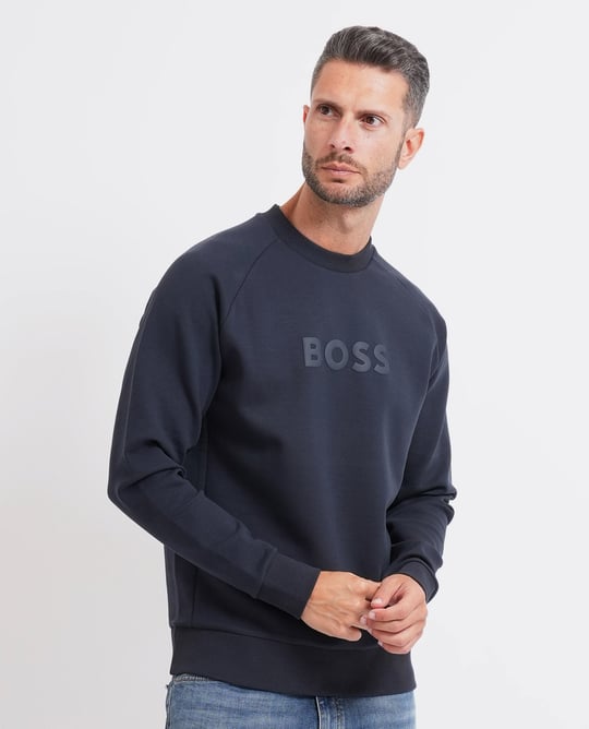 BOSS  BOSS Erkek Normal Kalıp Logo Baskılı Pamuklu Uzun Kollu Lacivert T-Shirt 50565307-402