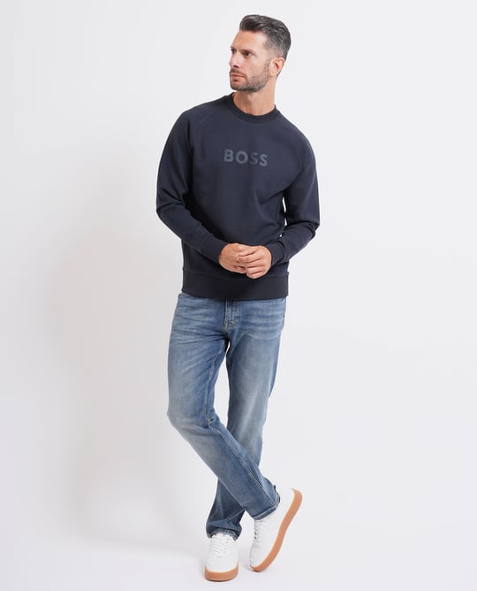 BOSS  BOSS Erkek Normal Kalıp Logo Baskılı Pamuklu Uzun Kollu Lacivert T-Shirt 50565307-402