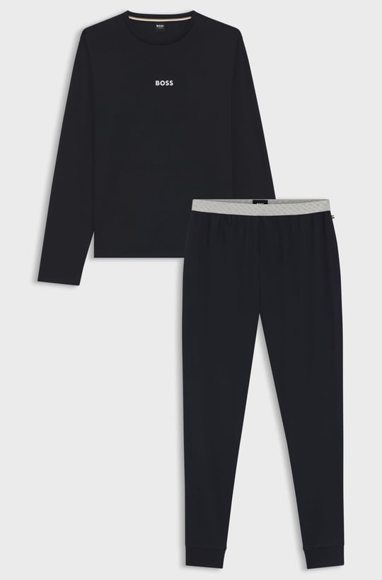 BOSS  BOSS Erkek Normal Kalıp Logo Baskılı Beli Lastikli %100 Pamuklu Lacivert Pijama Takımı 50550547-402