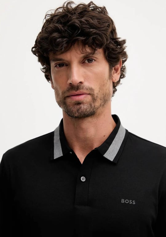 BOSS  BOSS Erkek Normal Kalıp Logo İşlemeli %100 Pamuklu Uzun Kollu Siyah Polo Yaka T-Shirt 50549257-002