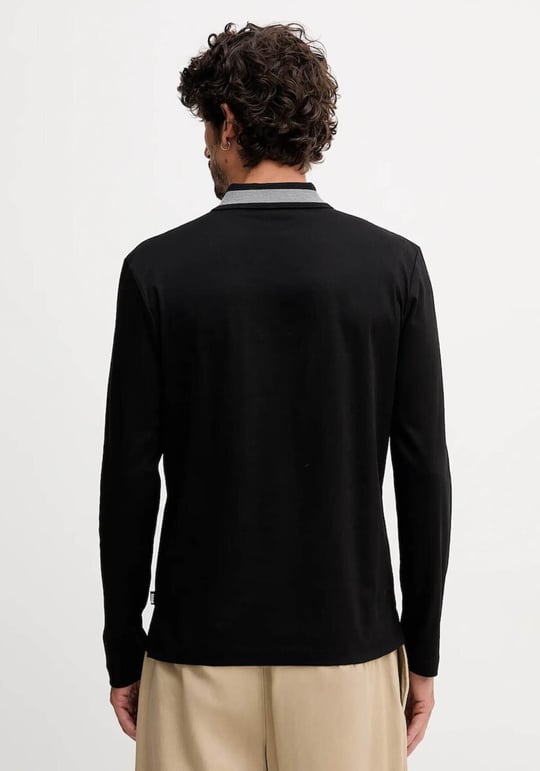 BOSS  BOSS Erkek Normal Kalıp Logo İşlemeli %100 Pamuklu Uzun Kollu Siyah Polo Yaka T-Shirt 50549257-002