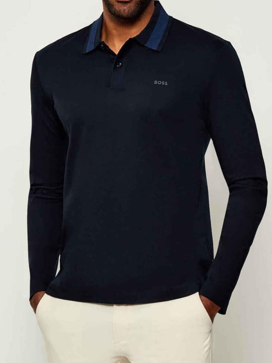 BOSS  BOSS Erkek Normal Kalıp Logo İşlemeli %100 Pamuklu Uzun Kollu Lacivert Polo Yaka T-Shirt 50549257-405