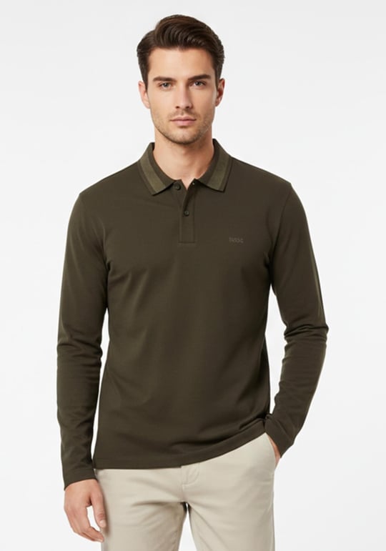 BOSS  BOSS Erkek Normal Kalıp Logo İşlemeli %100 Pamuklu Uzun Kollu Haki Polo Yaka T-Shirt 50549257-342