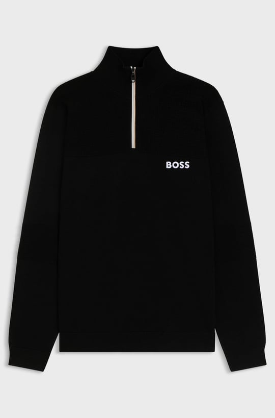 BOSS  BOSS Erkek Normal Kalıp Su Tutmayan Pamuk Karışımlı Yarım Fermuarlı Siyah Kazak 50541953-001