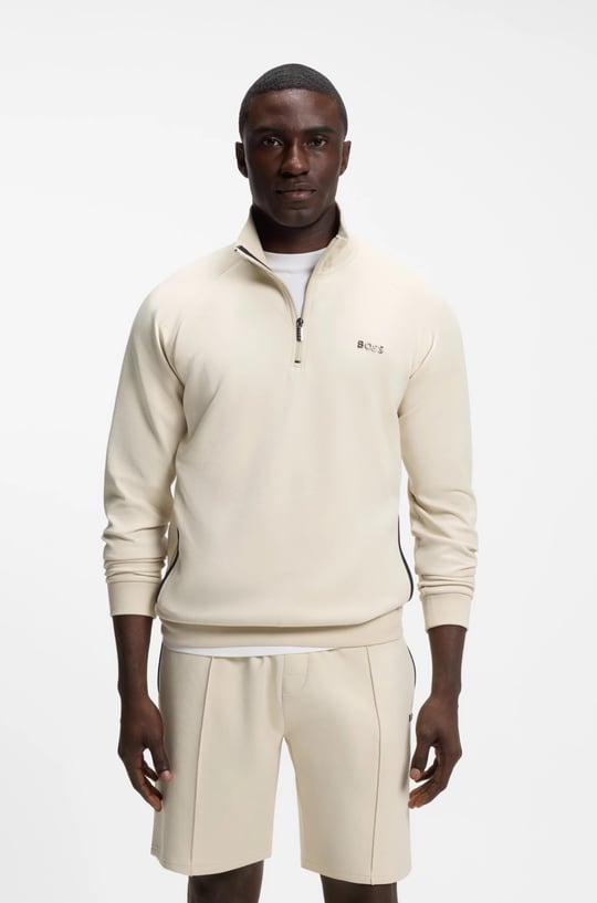 BOSS  BOSS Erkek Normal Kalıp Yarım Fermuarlı Metalik Logo İmzalı Pamuklu Uzun Kollu Bej Sweatshirt 50566915-132