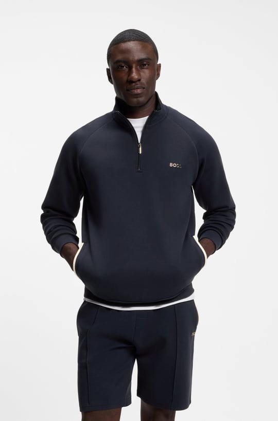 BOSS  BOSS Erkek Normal Kalıp Yarım Fermuarlı Metalik Logo İmzalı Pamuklu Uzun Kollu Lacivert Sweatshirt 50566915-403