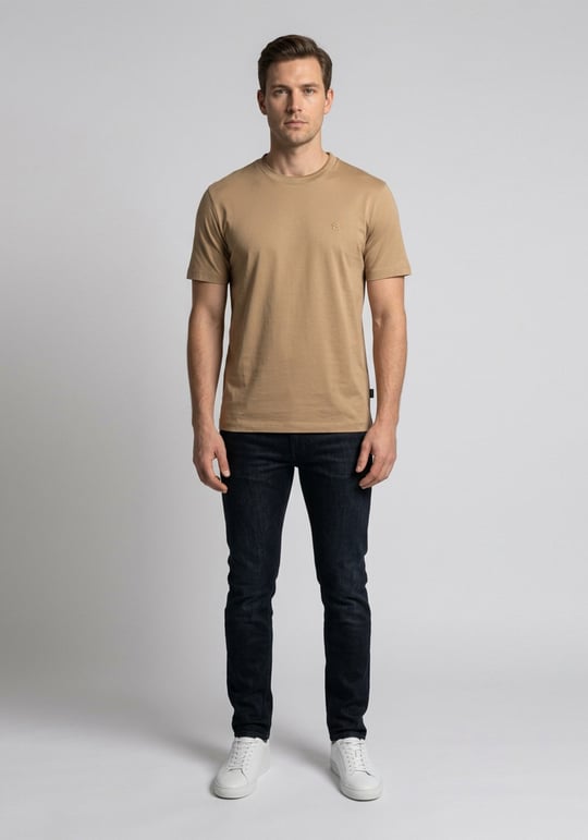 BOSS  BOSS Erkek Normal Kalıp Yuvarlak Yakalı Logo İşlemeli Yuvarlak Yakalı Pamuklu Kısa Kollu Bej T-Shirt 50570889-260