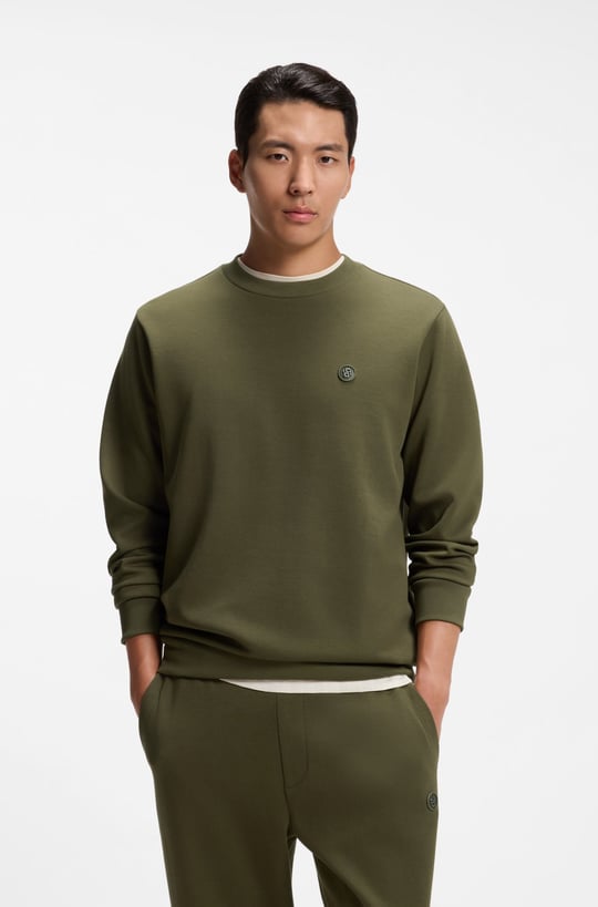BOSS  BOSS Erkek Pamuklu İnterlok Kumaş Yuvarlak Yakalı Logolu Haki Sweatshirt 50555830-347