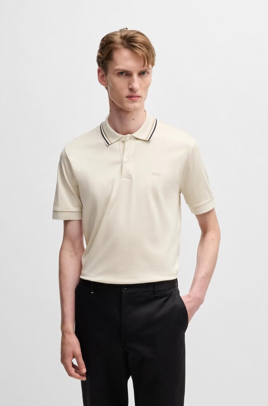 BOSS BOSS Erkek Pamuklu Polo Yakalı Düğme Kapamalı Kısa Kollu Ekru T-Shirt 50469360-131