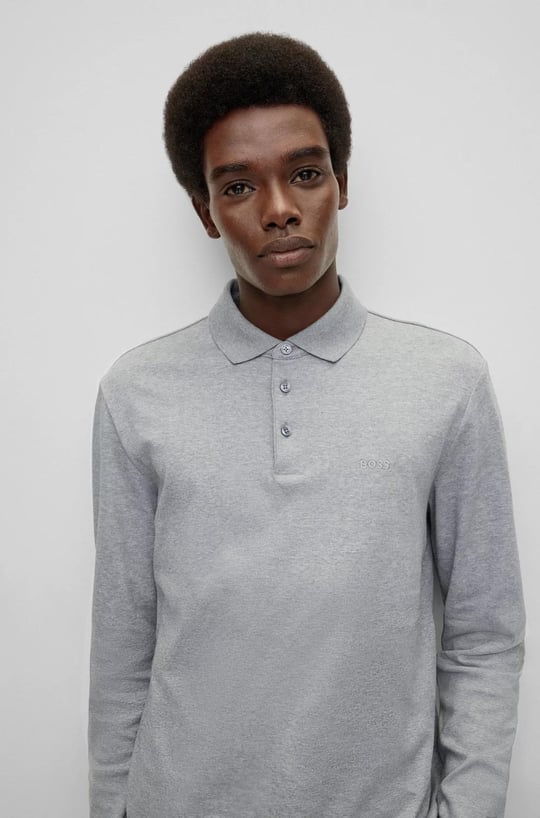 BOSS BOSS Erkek Pamuklu Polo Yakalı Düğme Kapamalı Uzun Kollu Gri Polo Yaka T-Shirt 50468392-041