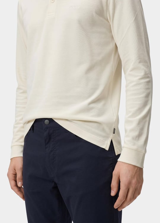 BOSS  BOSS Erkek Pamuklu Polo Yakalı Düğme Kapamalı Uzun Kollu Ekru Polo Yaka T-Shirt 50468392-118