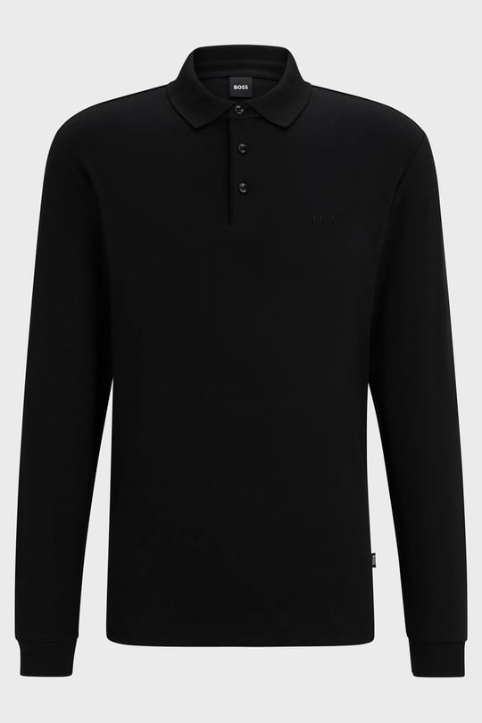 BOSS BOSS Erkek Pamuklu Polo Yakalı Düğme Kapamalı Uzun Kollu Siyah Polo Yaka T-Shirt 50468392-001