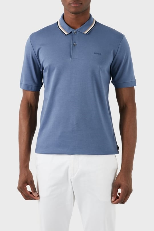 BOSS  BOSS Erkek Pamuklu Polo Yakalı Düğme Kapamalı Kısa Kollu Mavi Polo Yaka T-Shirt 50469360-479