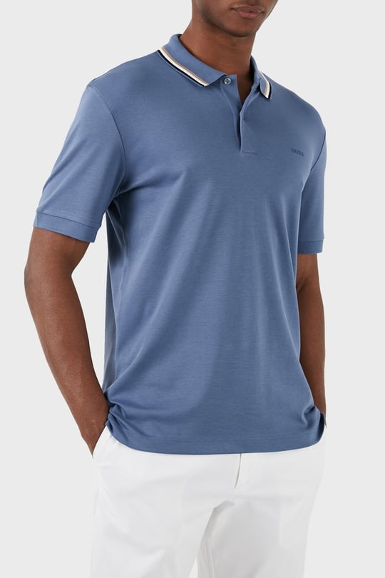 BOSS  BOSS Erkek Pamuklu Polo Yakalı Düğme Kapamalı Kısa Kollu Mavi Polo Yaka T-Shirt 50469360-479