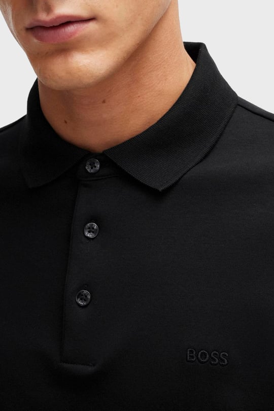 BOSS BOSS Erkek Pamuklu Polo Yakalı Düğme Kapamalı Uzun Kollu Siyah Polo Yaka T-Shirt 50468392-001