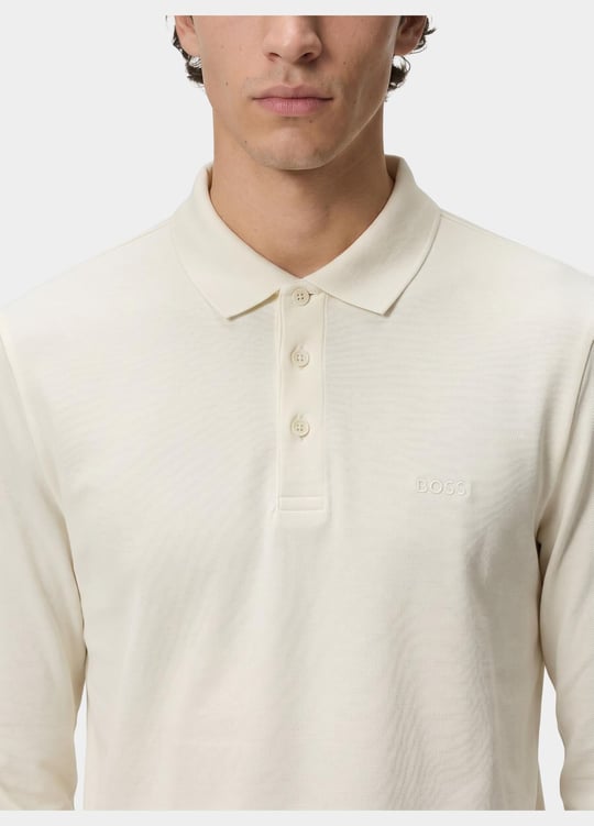 BOSS  BOSS Erkek Pamuklu Polo Yakalı Düğme Kapamalı Uzun Kollu Ekru Polo Yaka T-Shirt 50468392-118