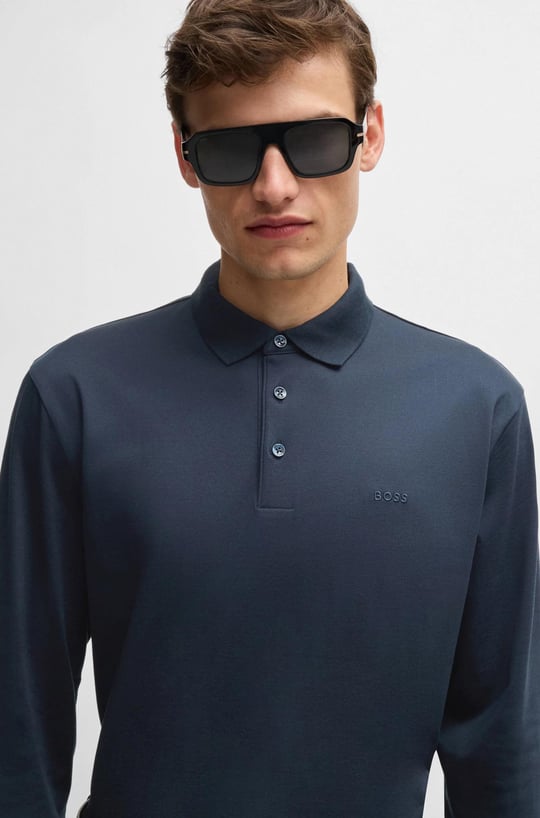 BOSS BOSS Erkek Pamuklu Polo Yakalı Düğme Kapamalı Uzun Kollu Lacivert Polo Yaka T-Shirt 50468392-404