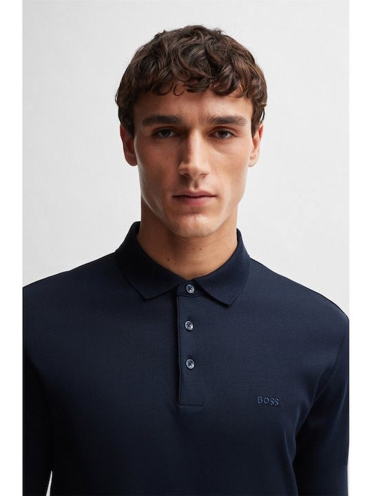 BOSS  BOSS Erkek Pamuklu Polo Yakalı Düğme Kapamalı Uzun Kollu Lacivert Polo Yaka T-Shirt 50468392-412